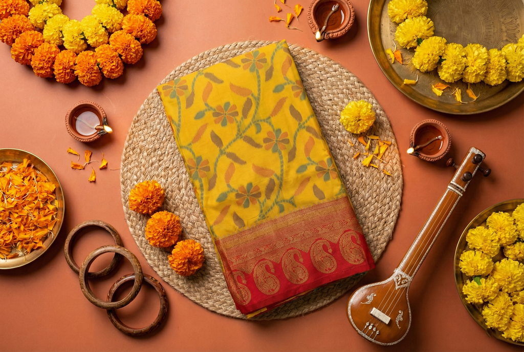 Mustard Yellow & Red Ikkat Woven Soft Silk Saree