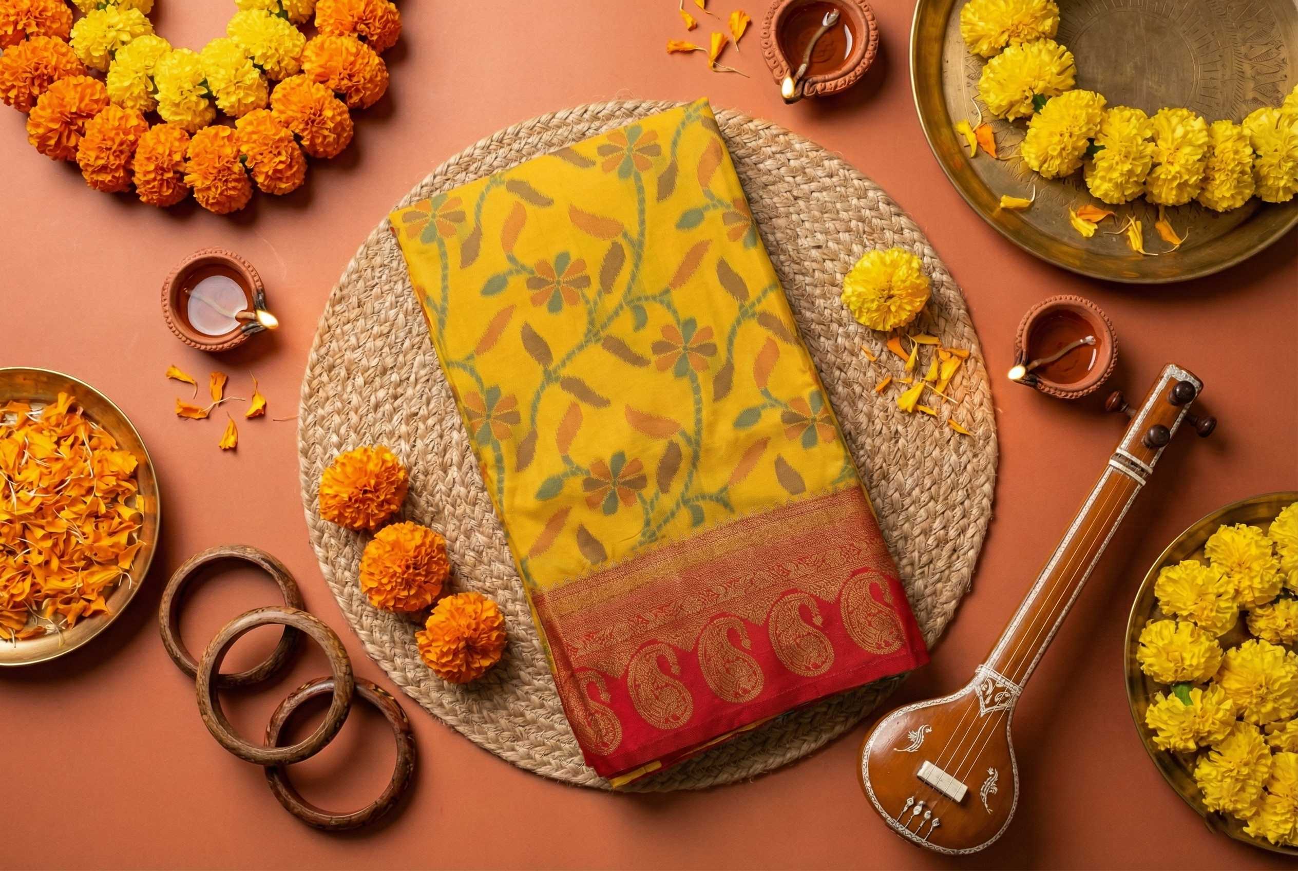 Mustard Yellow & Red Ikkat Woven Soft Silk Saree