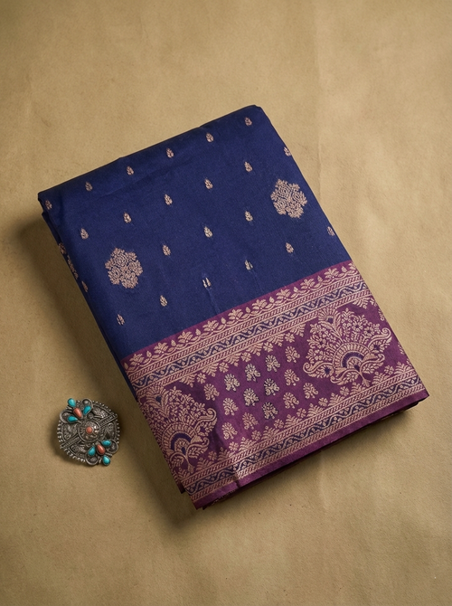 Classic Blue & Purple Resham Silk Saree With Gold Zari Butta - No. AA2602