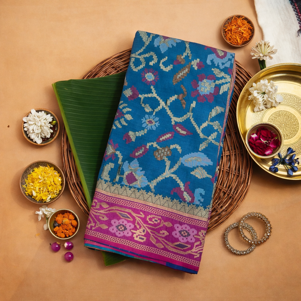 Royal Blue & Magenta Border Pochampally Ikat Soft Silk Saree