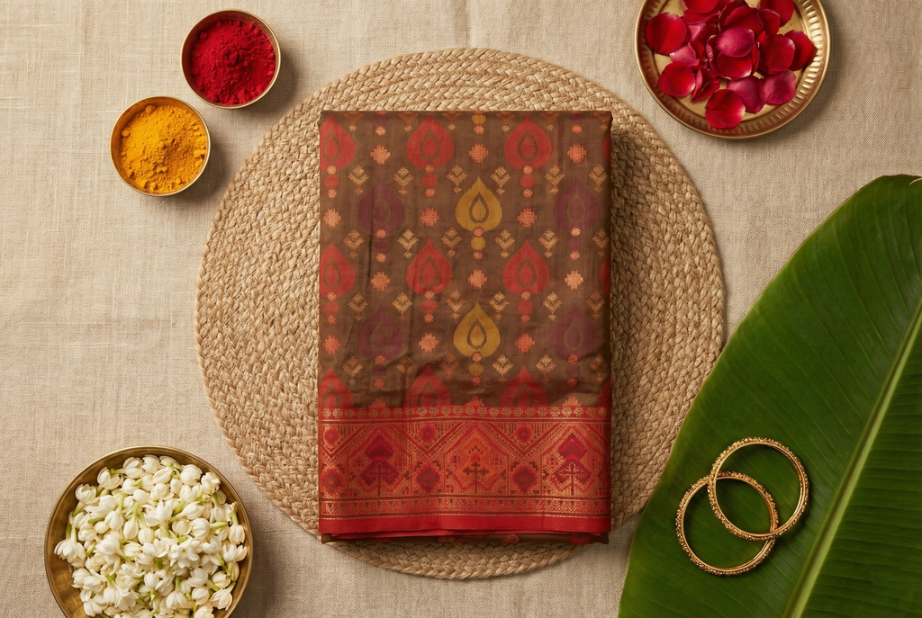 Chocolate Brown & Red Pochampally Ikkat Silk Saree