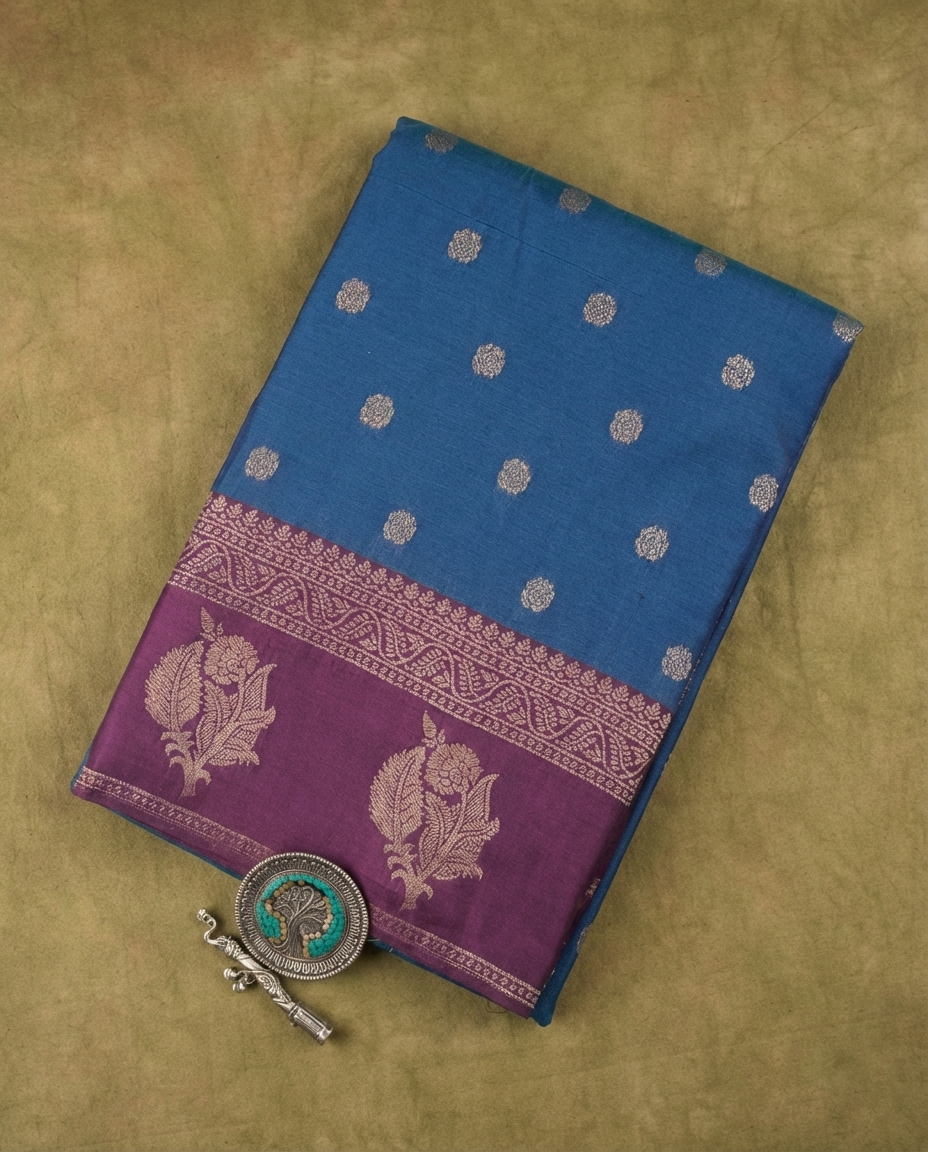 Regal Royal Blue Resham Silk Saree with Purple Zari Border Round Butta