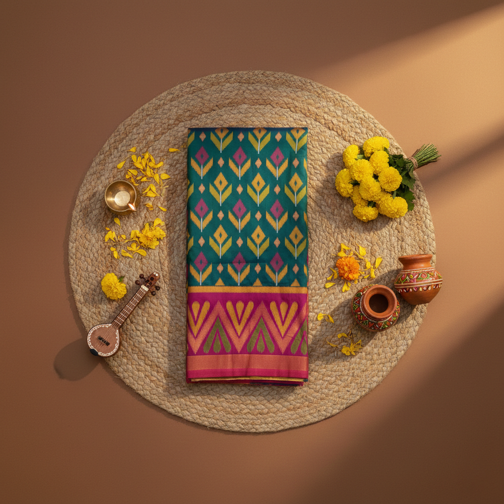 PIK-012 – Peacock Blue & Maroon Pochampally Ikkat Silk Saree