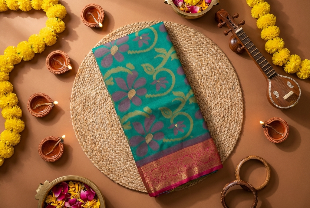 PI 02 Bright Teal & Pink Zari Floral Silk Saree