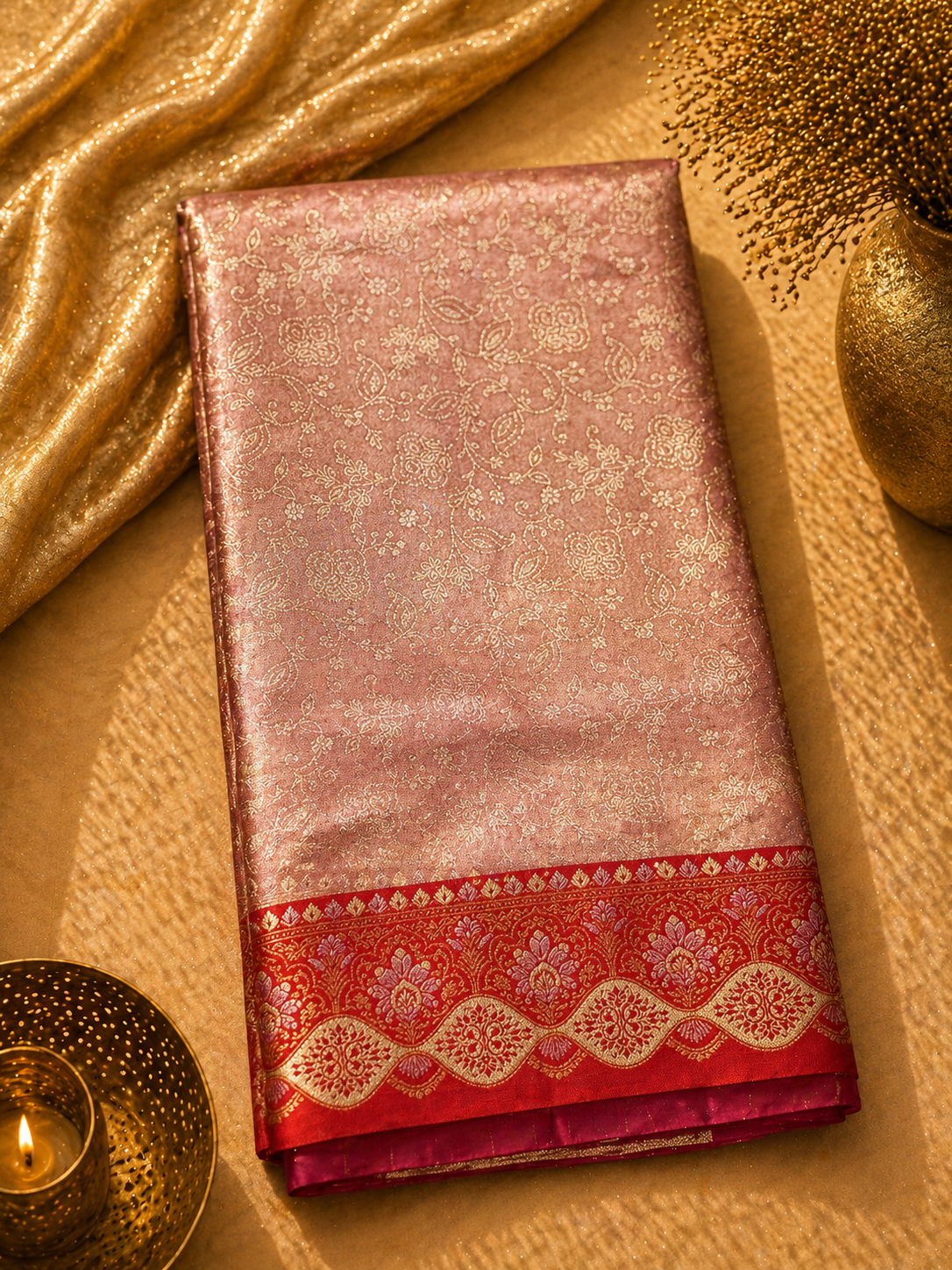 Dusty Rose Soft Silk Kanjivaram Saree with Crimson Floral Wave Border