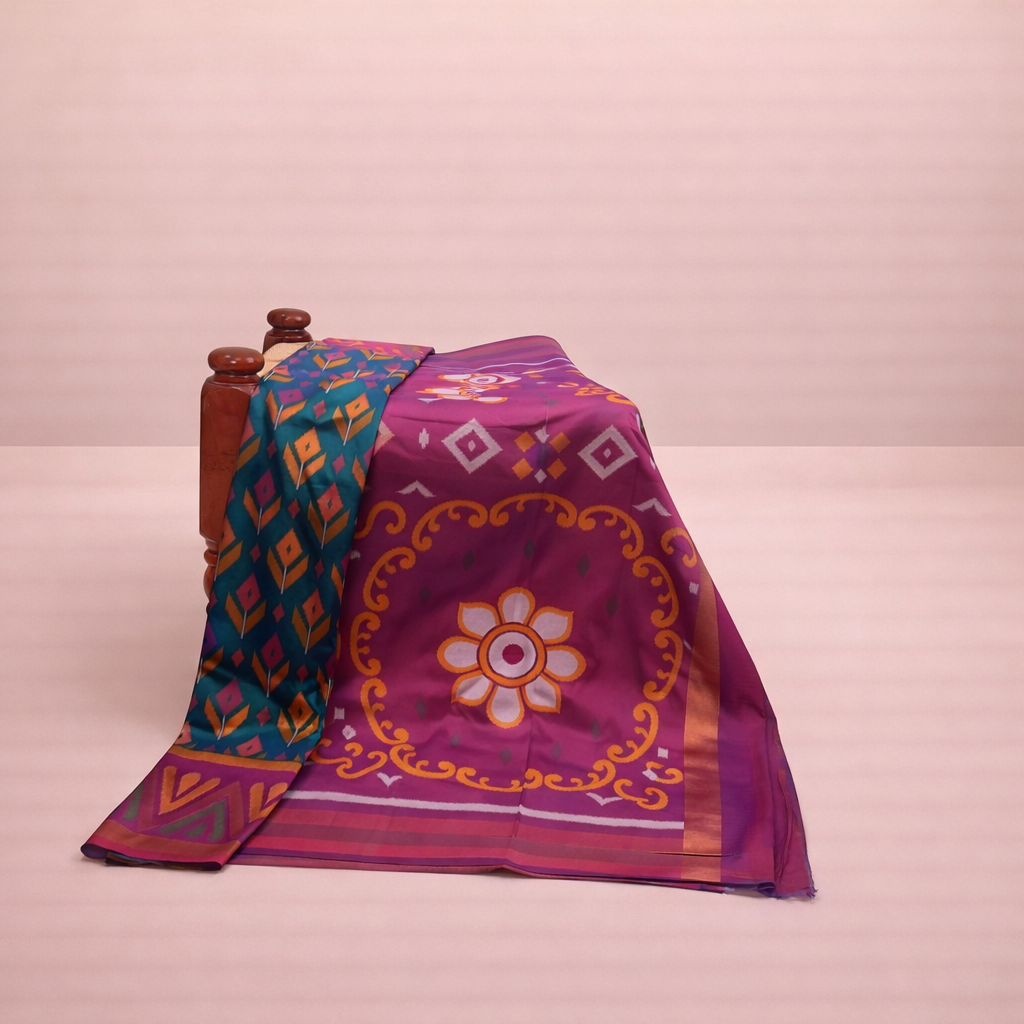 PIK-012 – Peacock Blue & Maroon Pochampally Ikkat Silk Saree