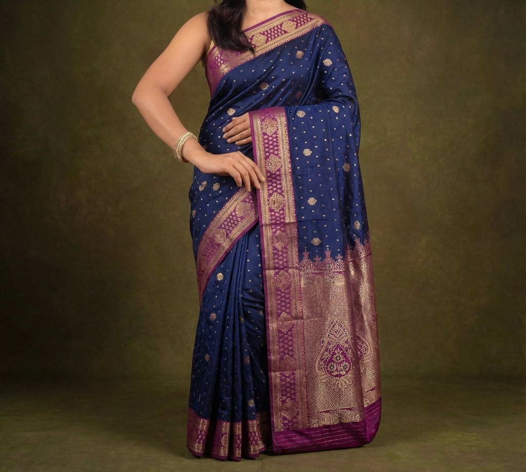 Classic Blue & Purple Resham Silk Saree With Gold Zari Butta - No. AA2602