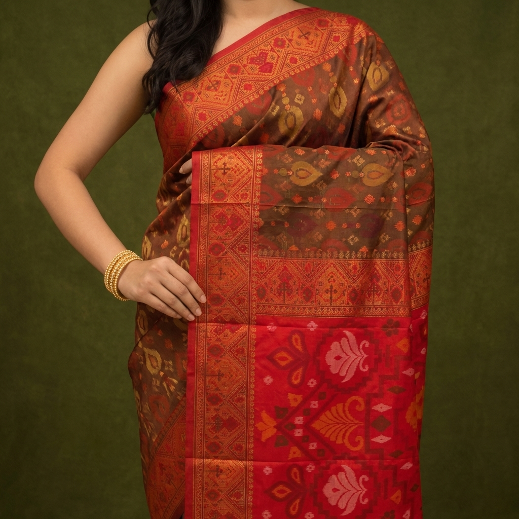 Chocolate Brown & Red Pochampally Ikkat Silk Saree