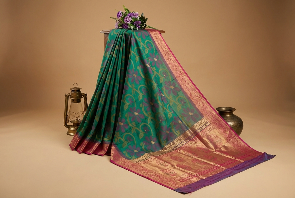 PI 02 Bright Teal & Pink Zari Floral Silk Saree