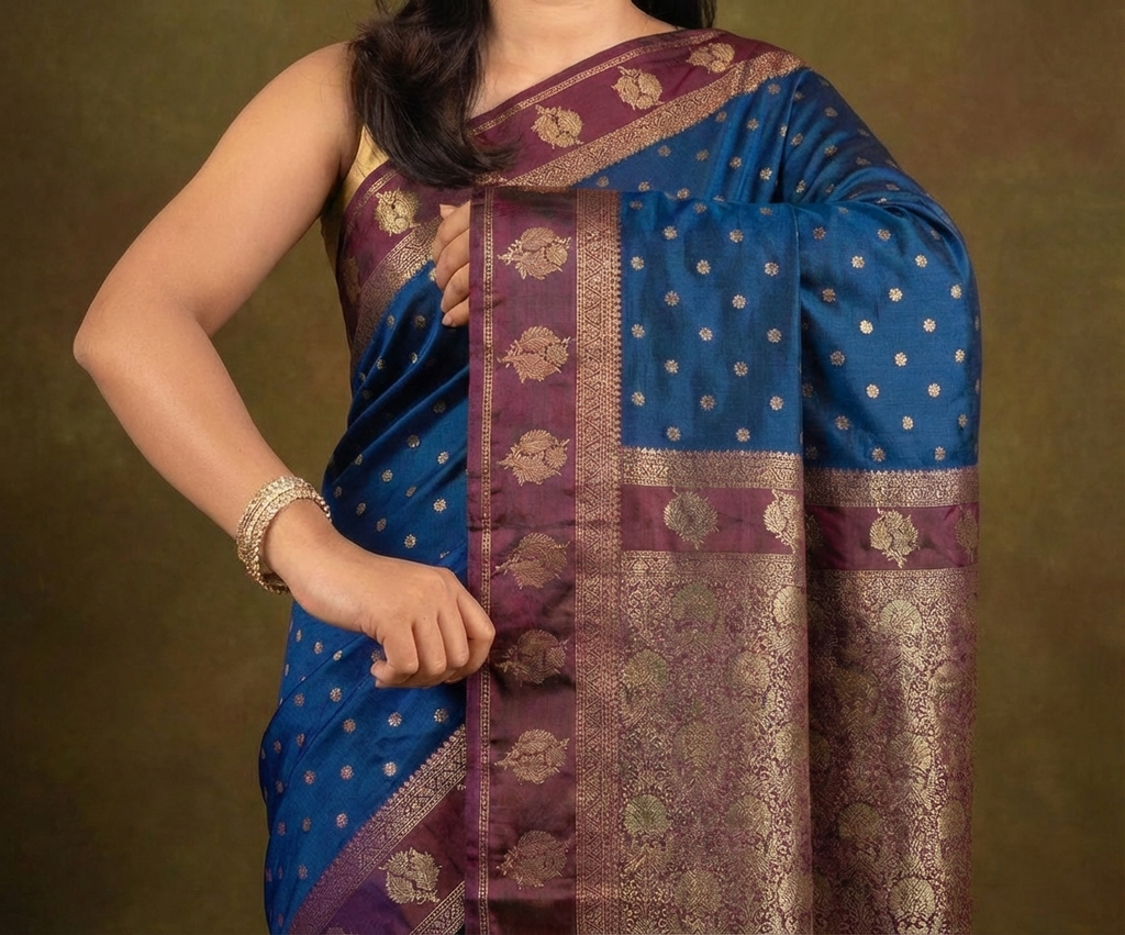 Regal Royal Blue Resham Silk Saree with Purple Zari Border Round Butta