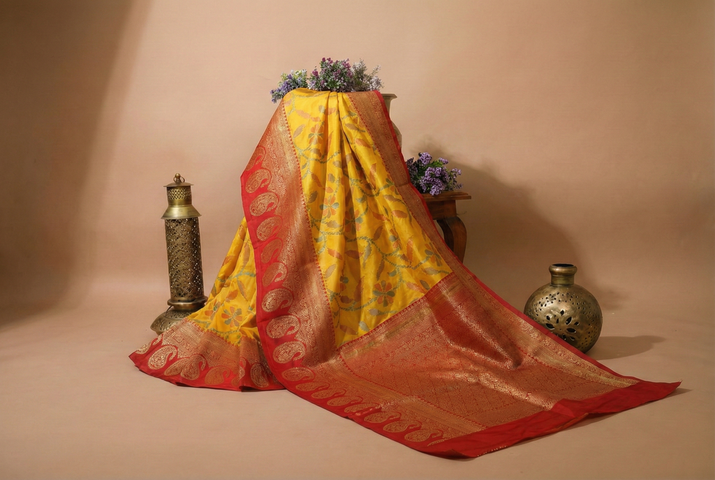 Mustard Yellow & Red Ikkat Woven Soft Silk Saree