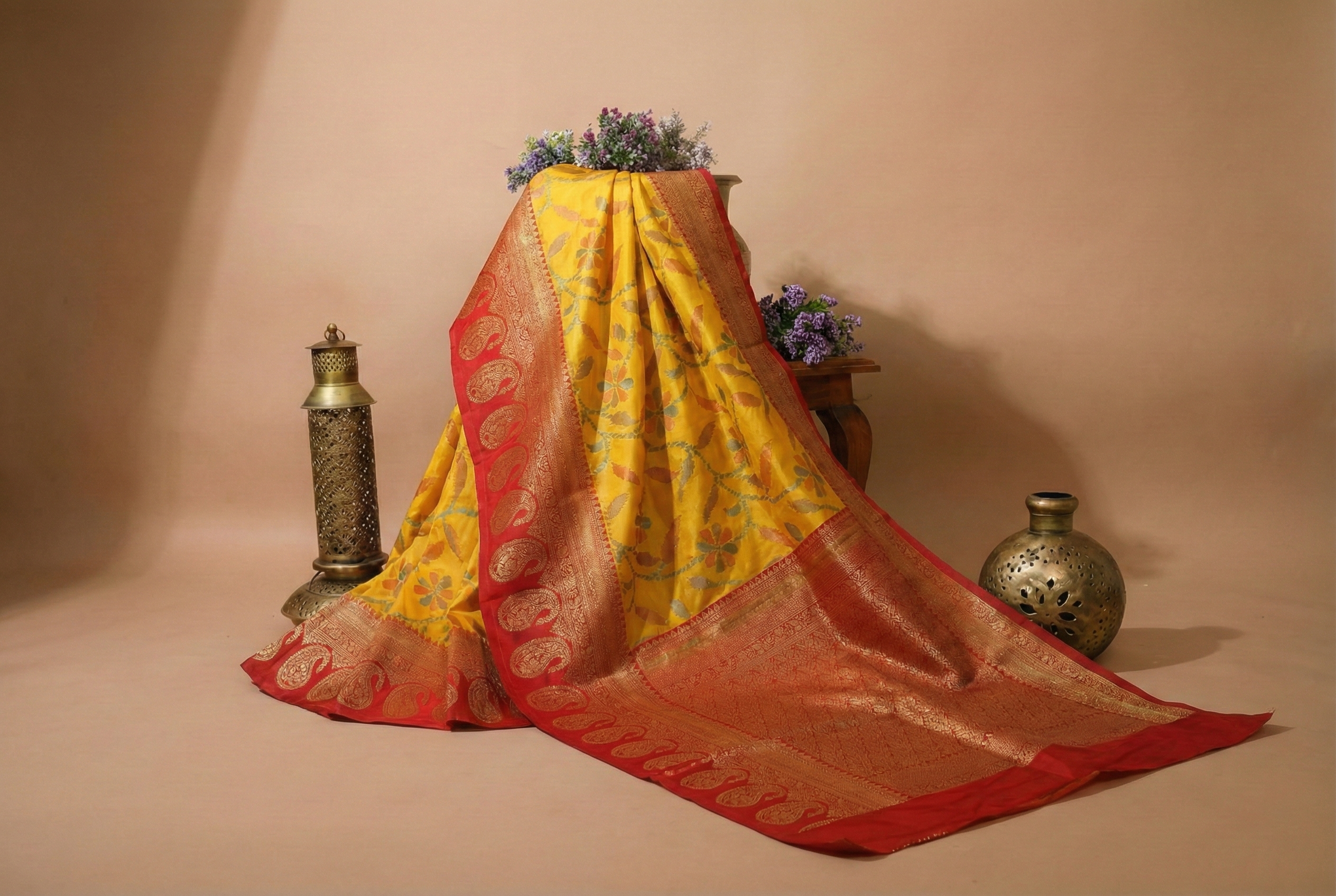 Mustard Yellow & Red Ikkat Woven Soft Silk Saree