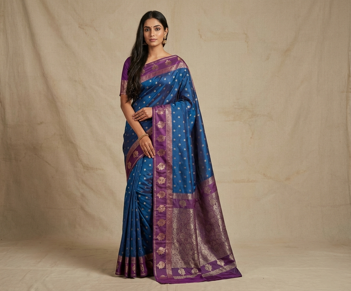 Regal Royal Blue Resham Silk Saree with Purple Zari Border Round Butta