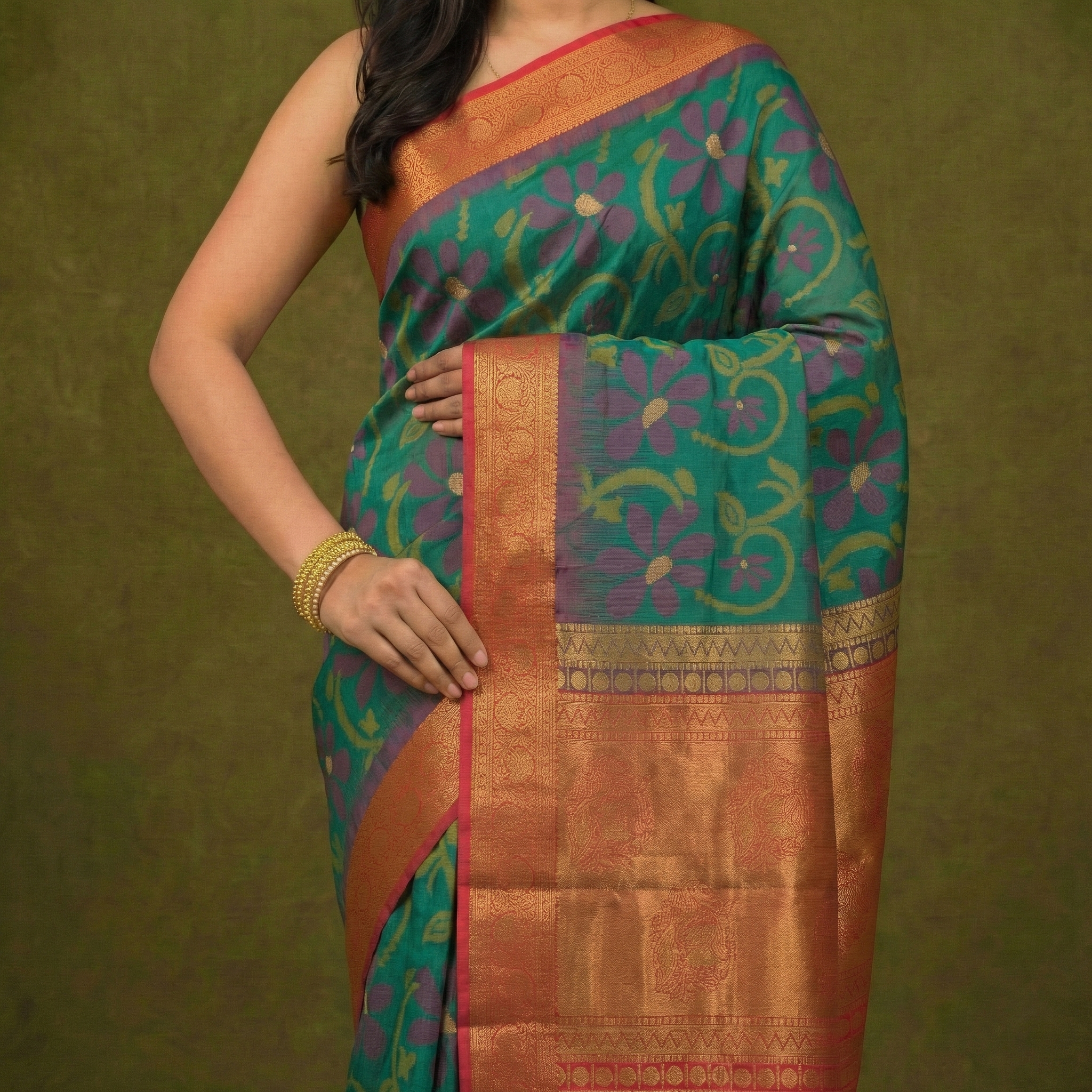 PI 02 Bright Teal & Pink Zari Floral Silk Saree
