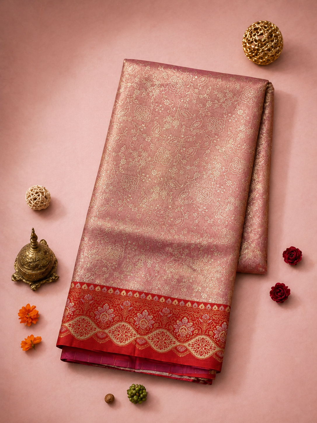 Dusty Rose Soft Silk Kanjivaram Saree with Crimson Floral Wave Border