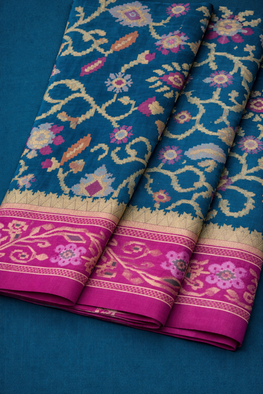 Royal Blue & Magenta Border Pochampally Ikat Soft Silk Saree