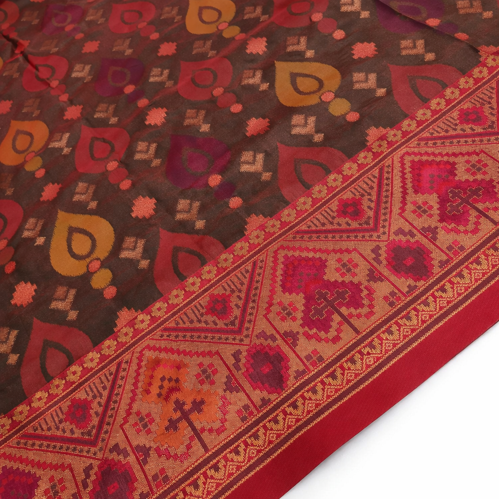 Chocolate Brown & Red Pochampally Ikkat Silk Saree