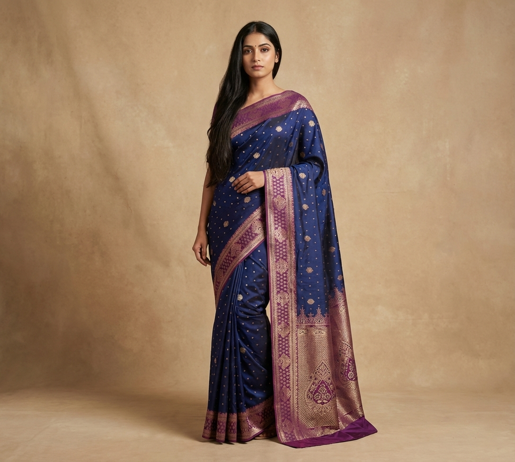 Classic Blue & Purple Resham Silk Saree With Gold Zari Butta - No. AA2602