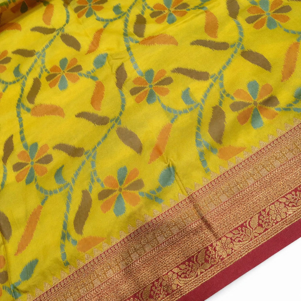 Mustard Yellow & Red Ikkat Woven Soft Silk Saree