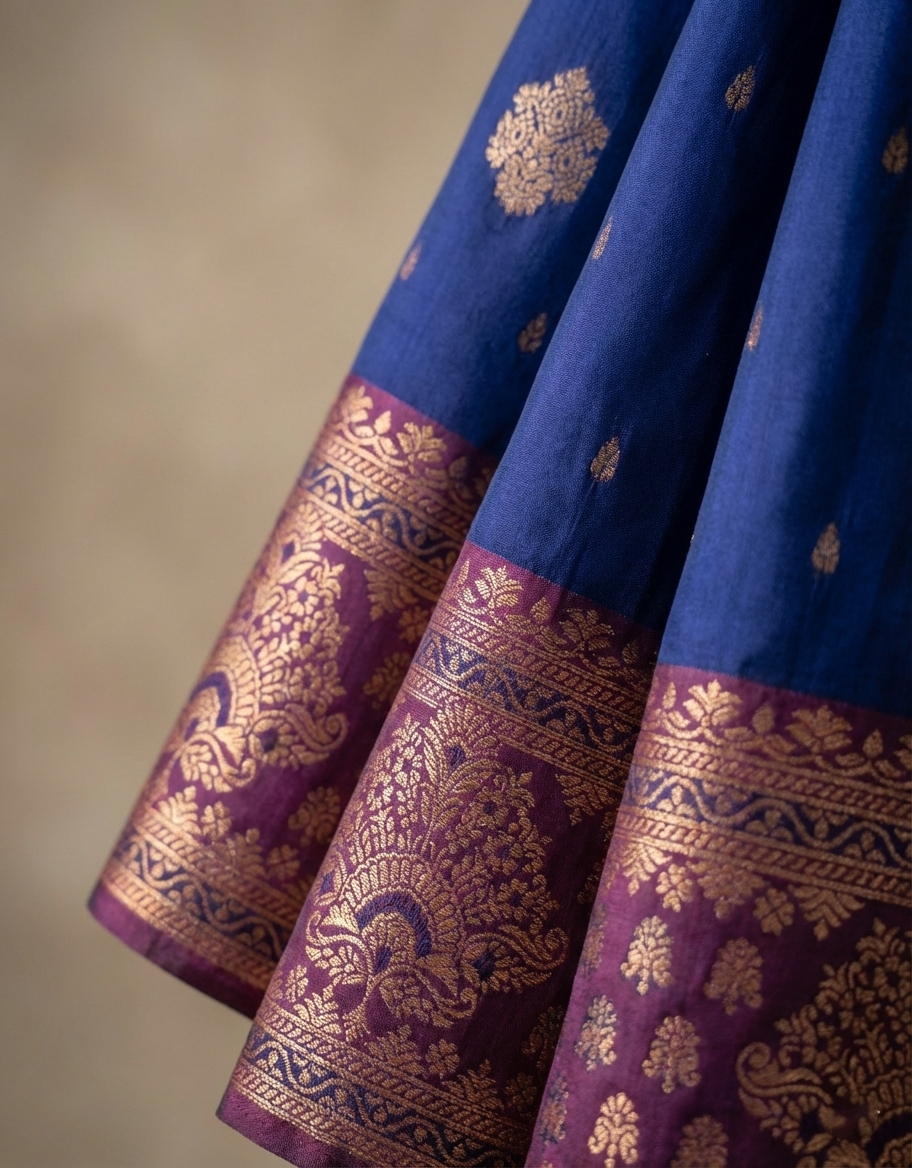 Classic Blue & Purple Resham Silk Saree With Gold Zari Butta - No. AA2602