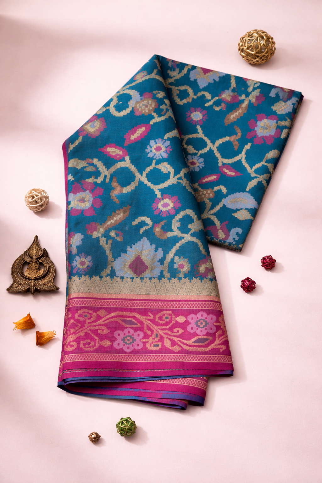 Royal Blue & Magenta Border Pochampally Ikat Soft Silk Saree