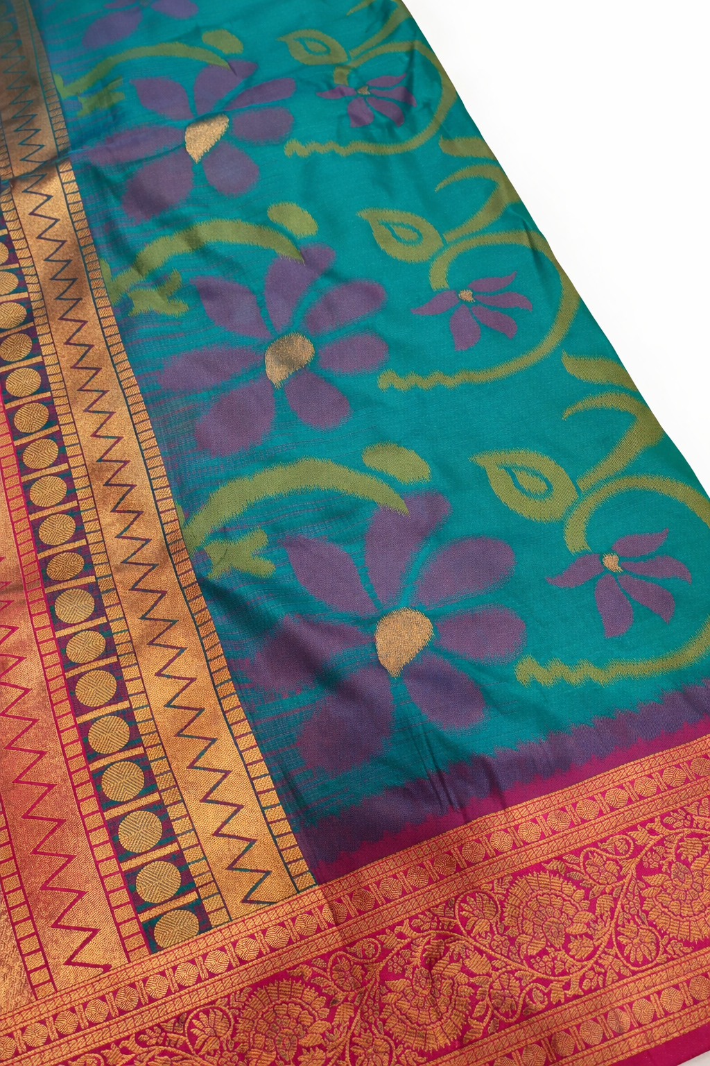PI 02 Bright Teal & Pink Zari Floral Silk Saree