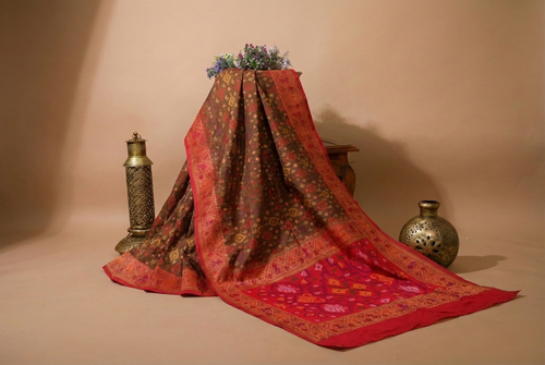 Chocolate Brown & Red Pochampally Ikkat Silk Saree