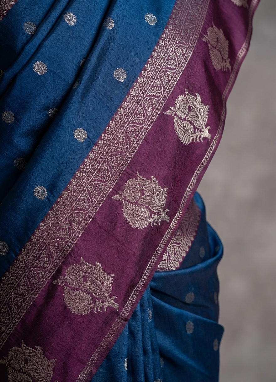 Regal Royal Blue Resham Silk Saree with Purple Zari Border Round Butta