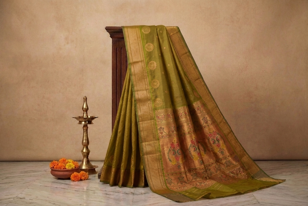 Olive Gold & Green Paithani Soft Silk Saree