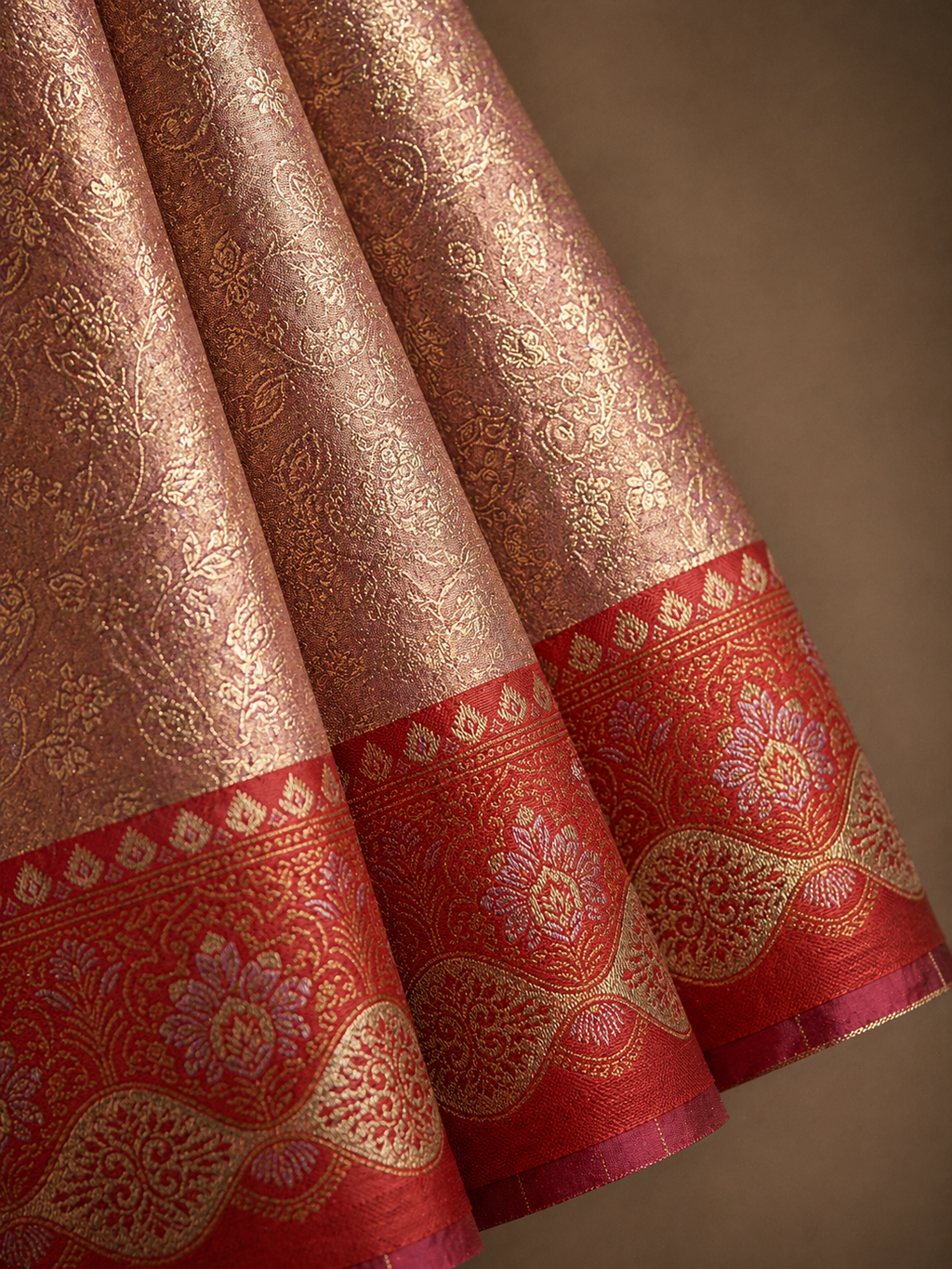 Dusty Rose Soft Silk Kanjivaram Saree with Crimson Floral Wave Border