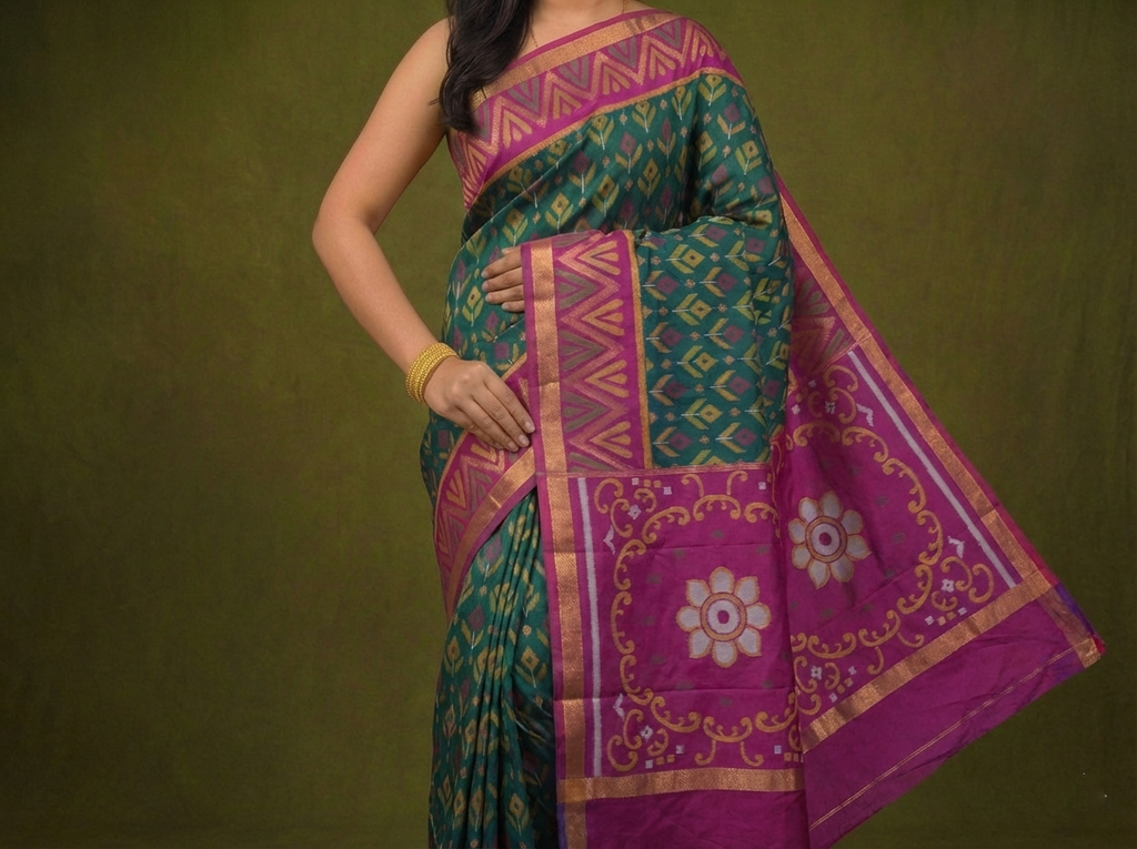 PIK-012 – Peacock Blue & Maroon Pochampally Ikkat Silk Saree