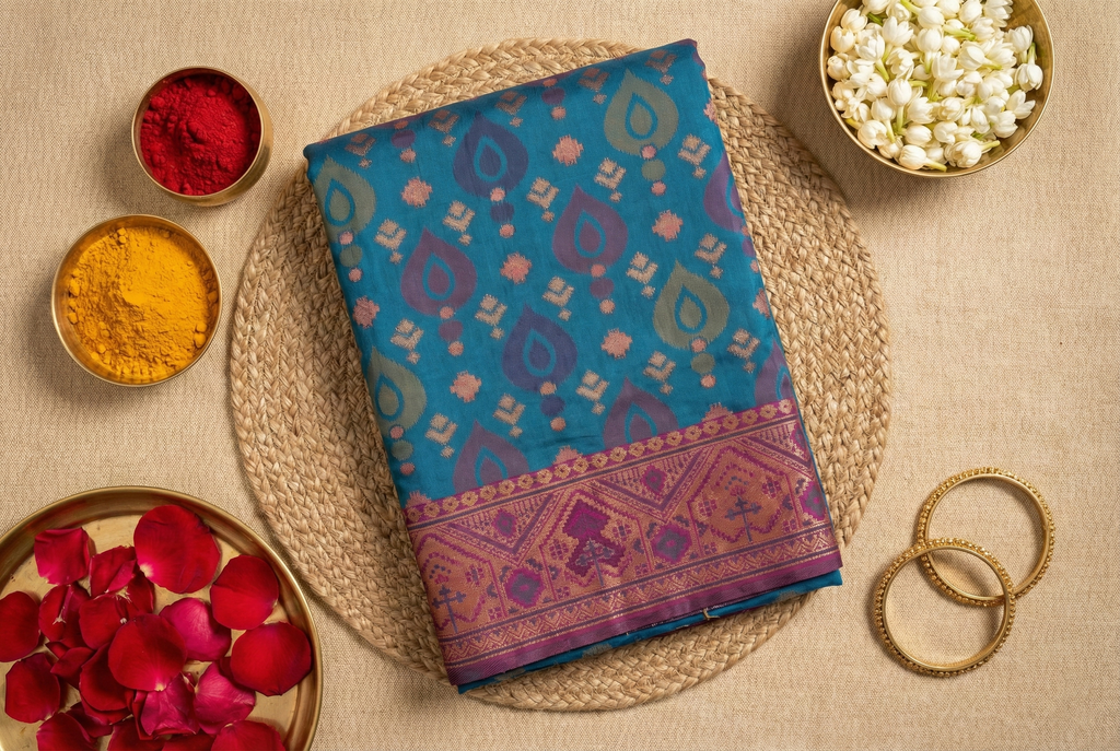 Peacock Blue & Violet Pochampally Ikkat Silk Saree