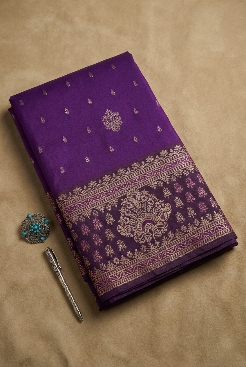 Royal Violet Resham Silk Saree With Gold Zari Border - No. AA2602