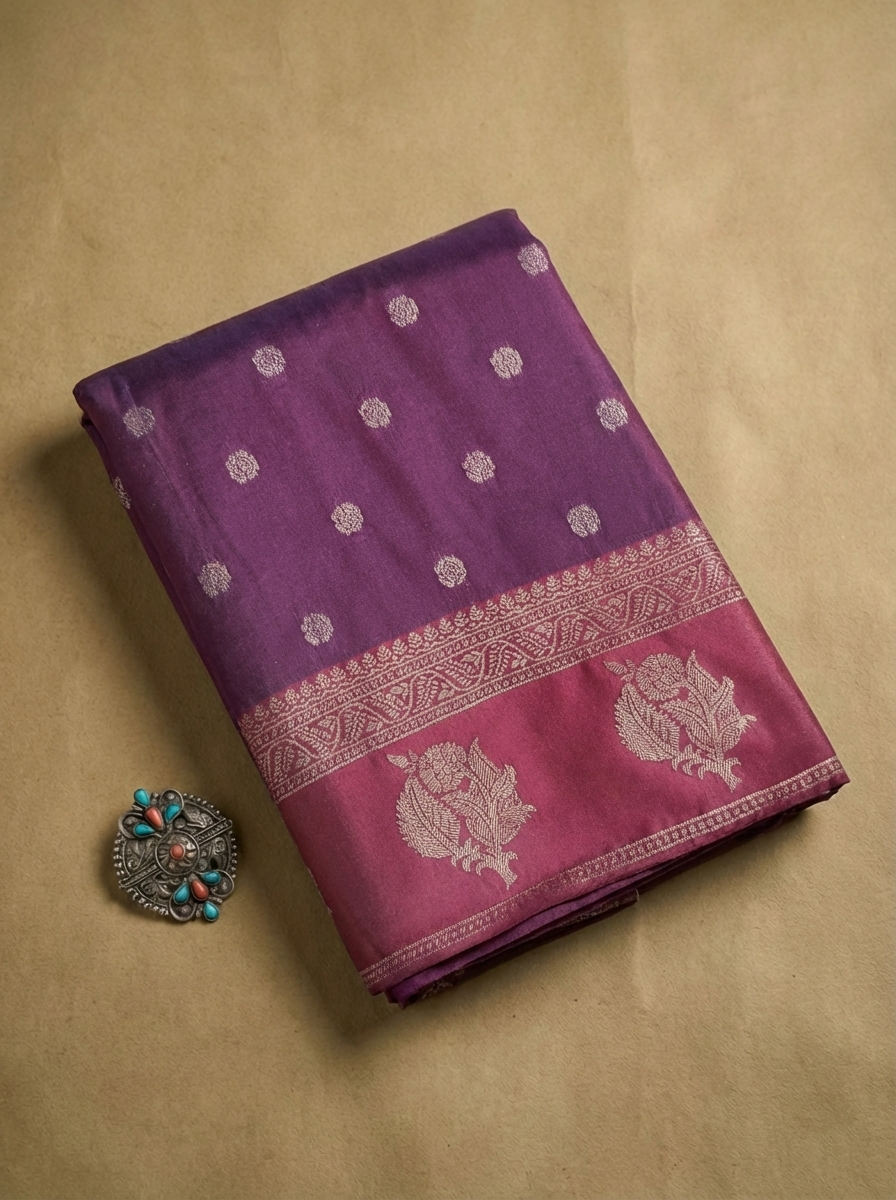 Royal Plum Resham Silk Saree with Rani Zari Border Round Butta
