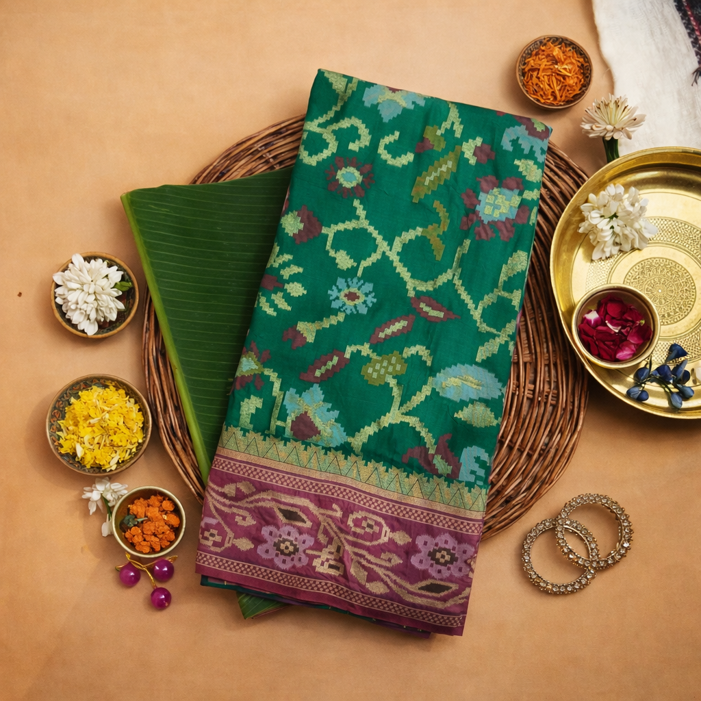 Rich Green & Purple Border Pochampally Ikat Soft Silk Saree
