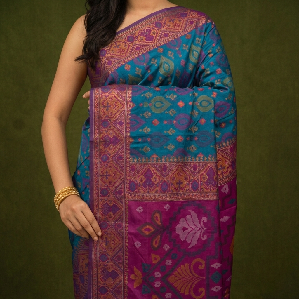 Peacock Blue & Violet Pochampally Ikkat Silk Saree