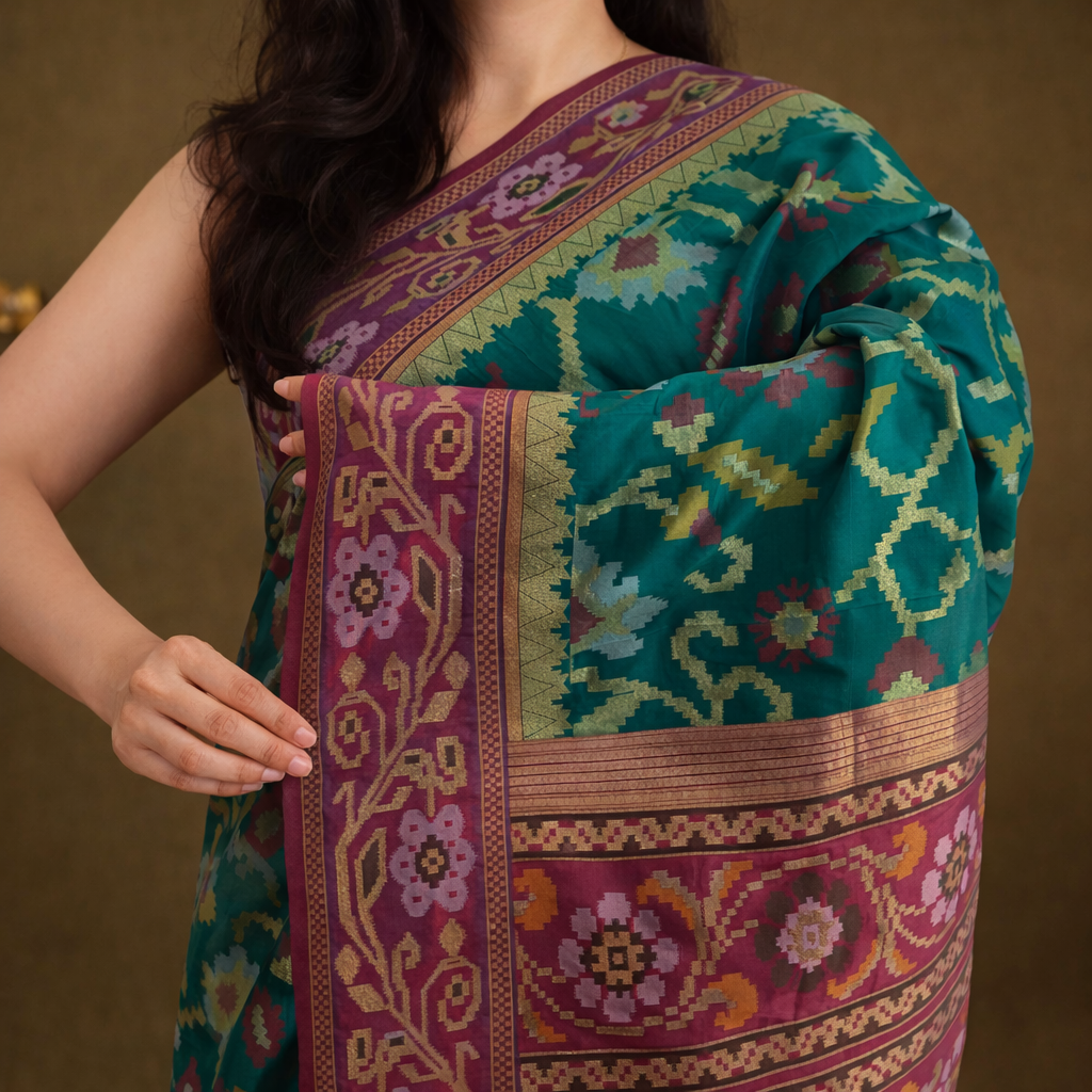 Rich Green & Purple Border Pochampally Ikat Soft Silk Saree