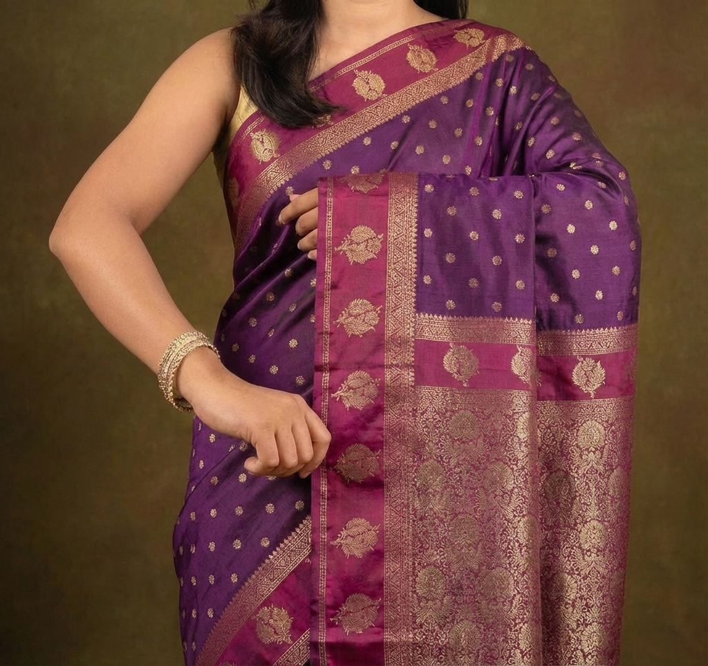 Royal Plum Resham Silk Saree with Rani Zari Border Round Butta