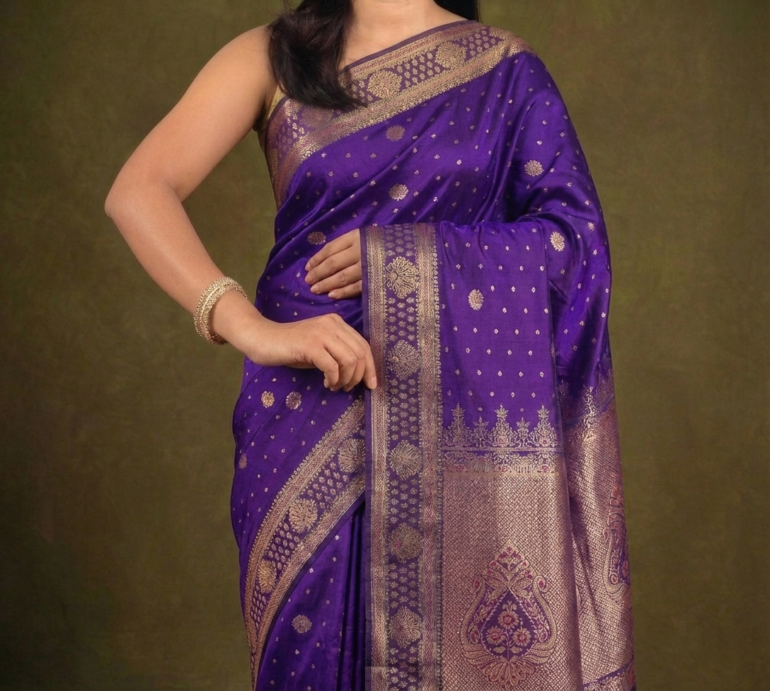 Royal Violet Resham Kanjivaram Silk Saree With Gold Zari Border - No. AA2602