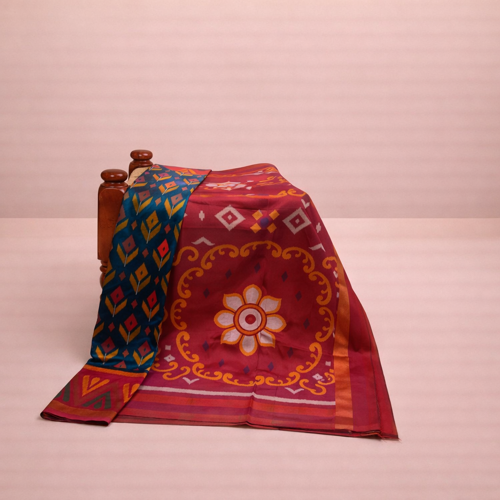 PIK-010 – Teal Blue & Red Pochampally Ikkat Silk Saree