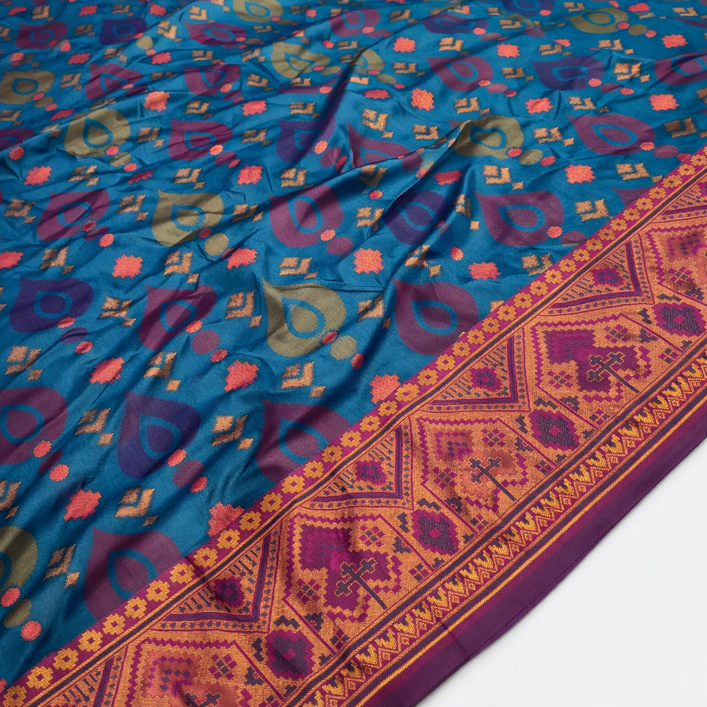 Peacock Blue & Violet Pochampally Ikkat Silk Saree