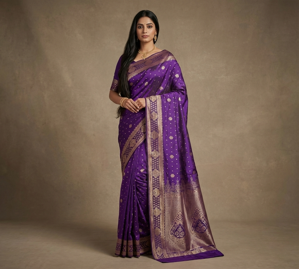 Royal Violet Resham Silk Saree With Gold Zari Border - No. AA2602