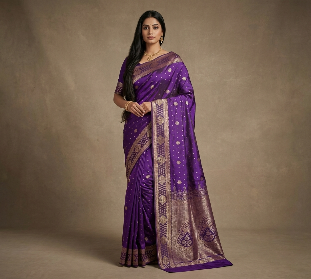 Royal Violet Resham Kanjivaram Silk Saree With Gold Zari Border - No. AA2602