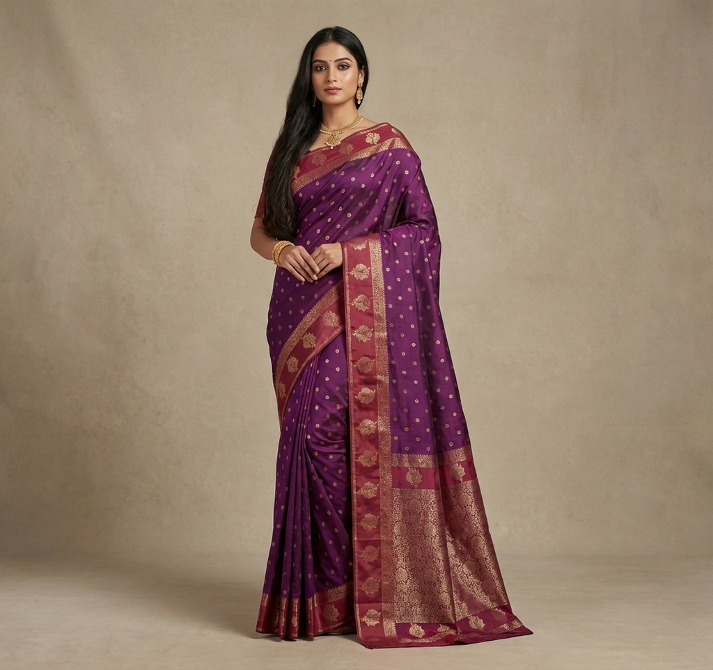 Royal Plum Resham Silk Saree with Rani Zari Border Round Butta