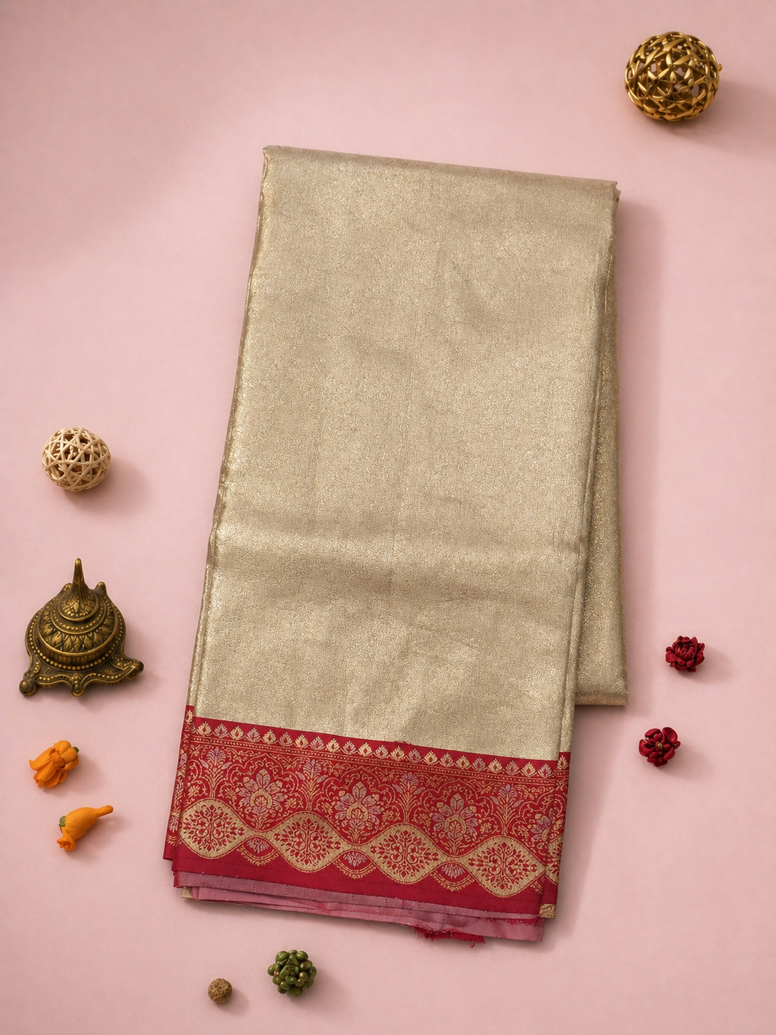 Bright Gold Soft Silk Kanjivaram Saree with Crimson Floral Medallion Border