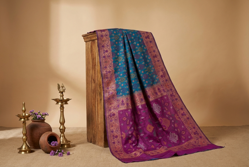 Peacock Blue & Violet Pochampally Ikkat Silk Saree