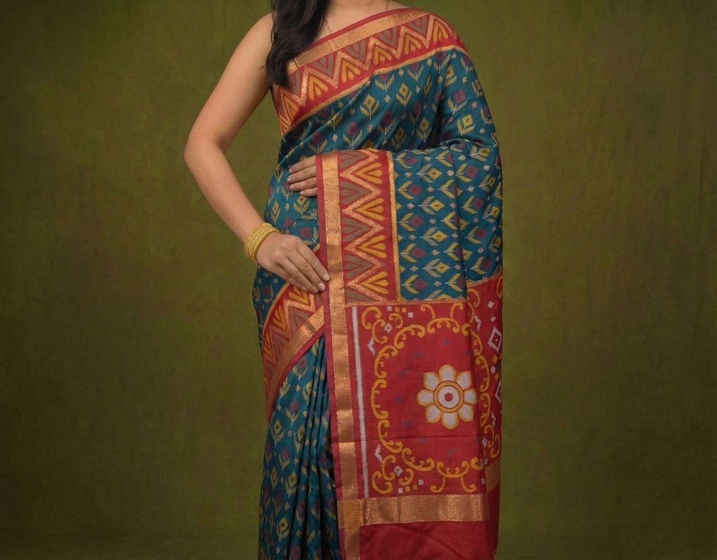 PIK-010 – Teal Blue & Red Pochampally Ikkat Silk Saree