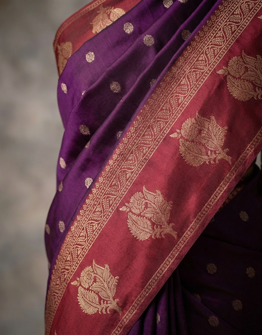 Royal Plum Resham Silk Saree with Rani Zari Border Round Butta