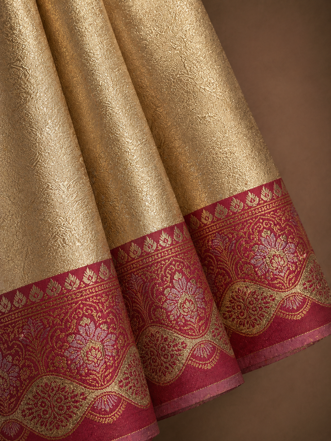 Bright Gold Soft Silk Kanjivaram Saree with Crimson Floral Medallion Border