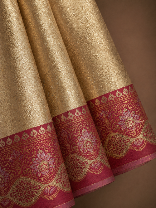 Bright Gold Soft Silk Kanjivaram Saree with Crimson Floral Medallion Border